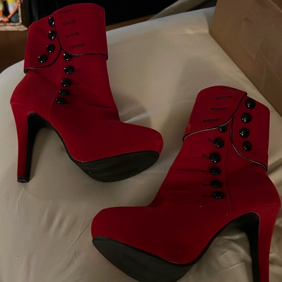 Red suede ankle boots with black button accents. Wore once. Great condition - Picture 1 of 5